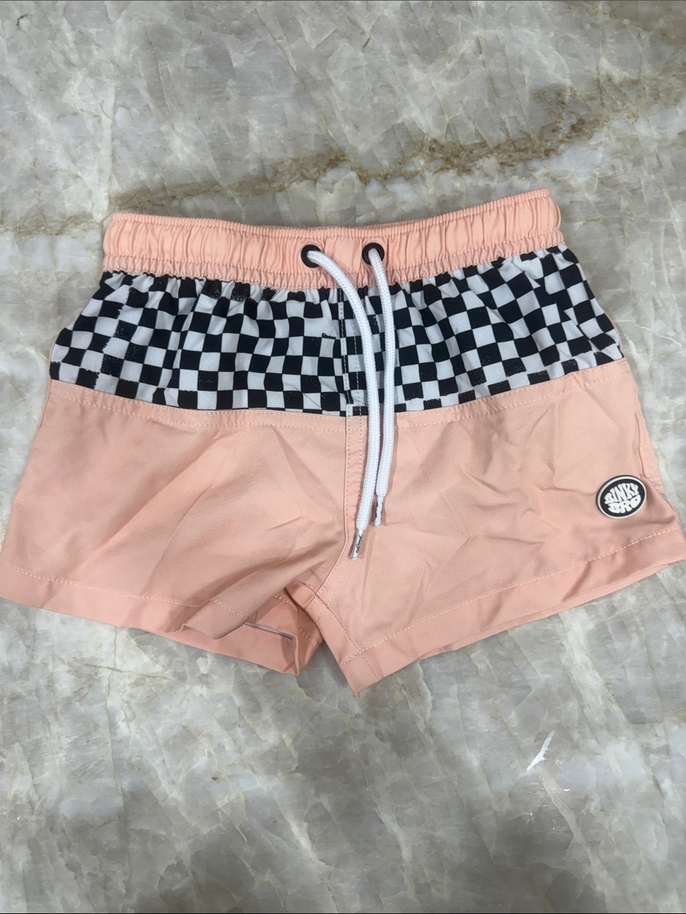 Girls' Peach Checkerboard Swim Trunks with Drawstring